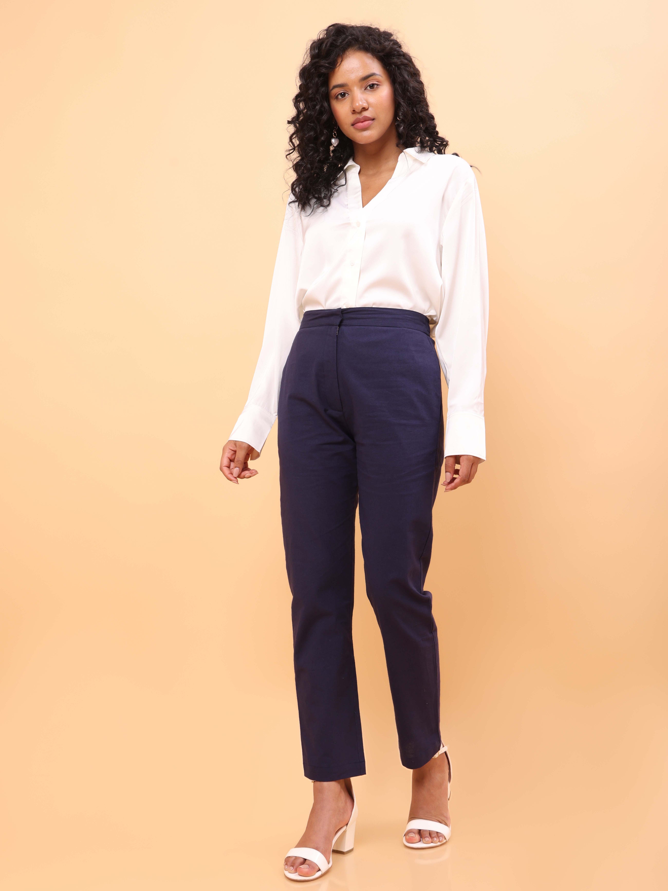Navy Blue Straight Cotton Pants, Solid Navy Blue Straight Pants