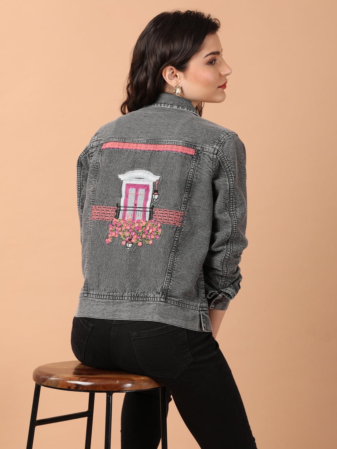 Denim embroidered jacket womens hotsell