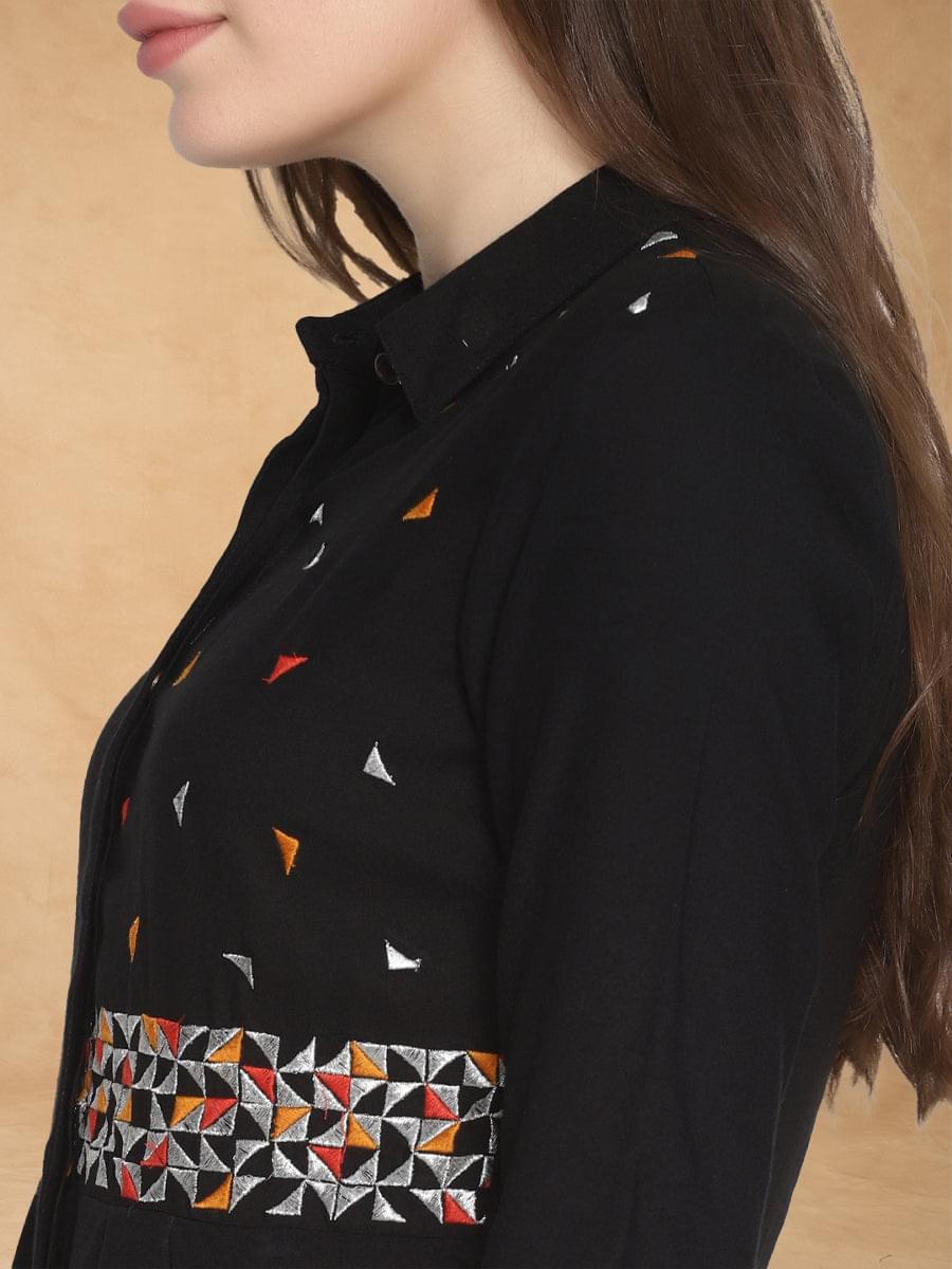 Black Embroidered Shirt Dress