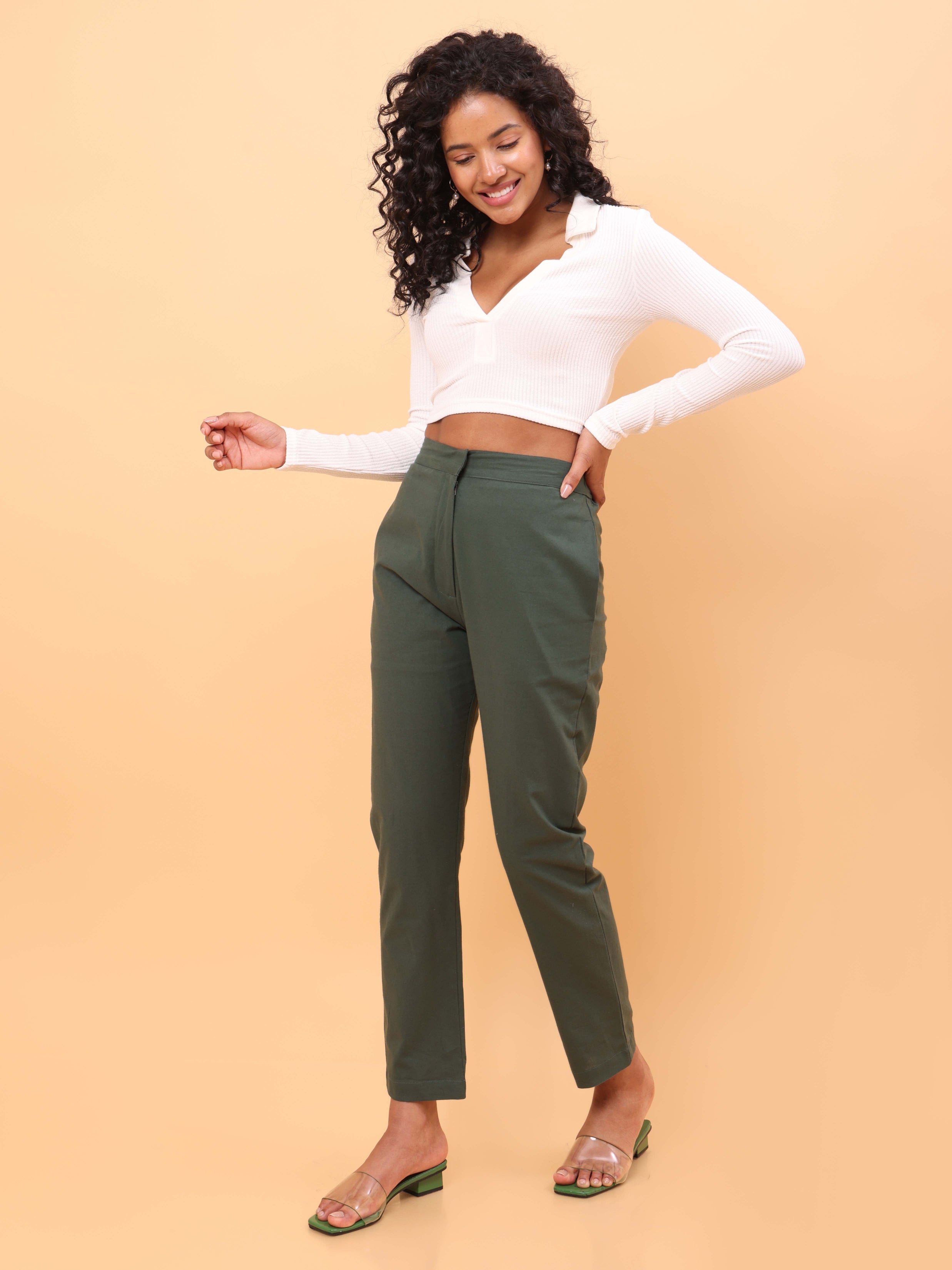 Green Straight Cotton Pants, Solid Green Straight Pants