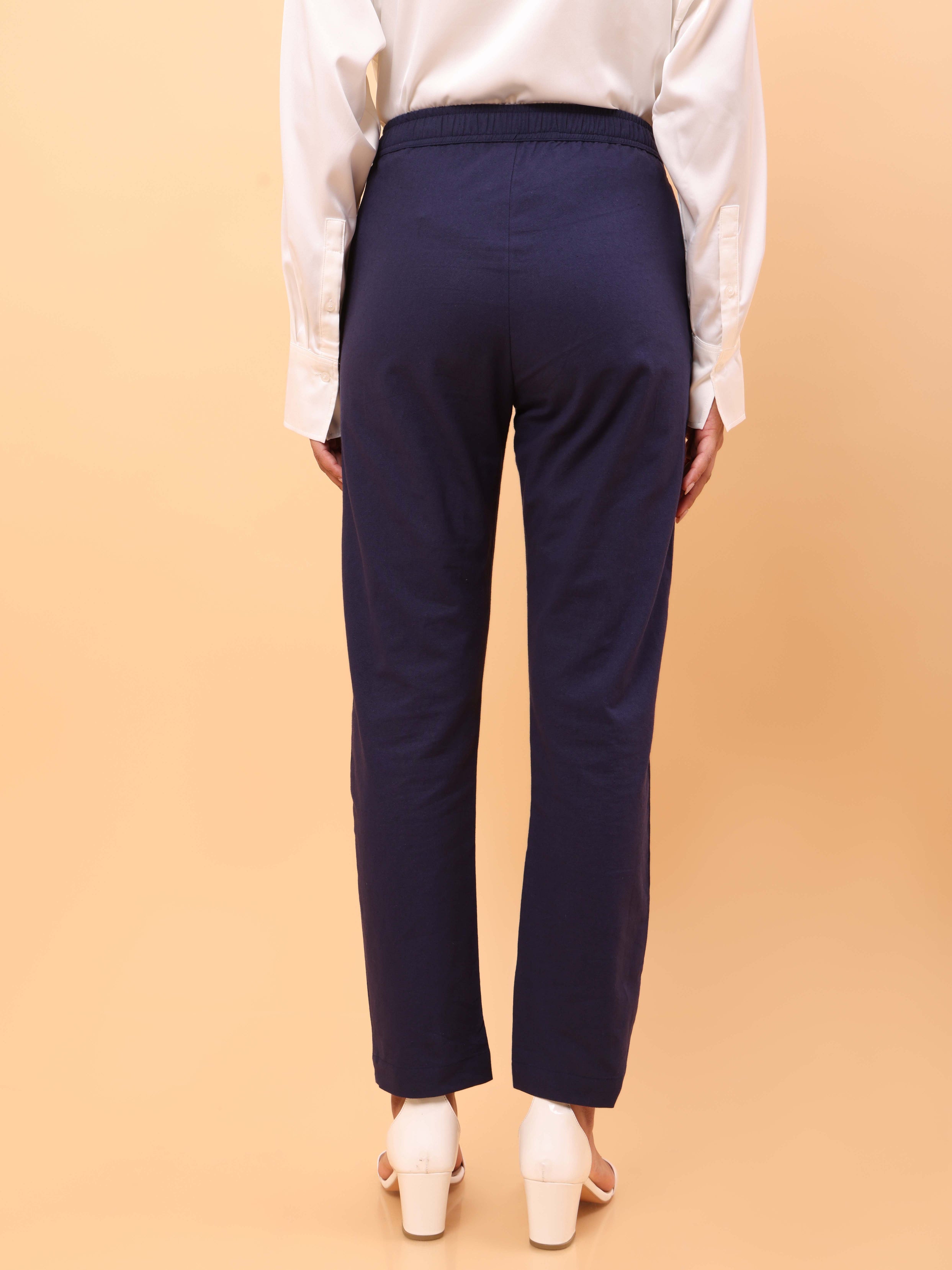 Navy Blue Straight Cotton Pants