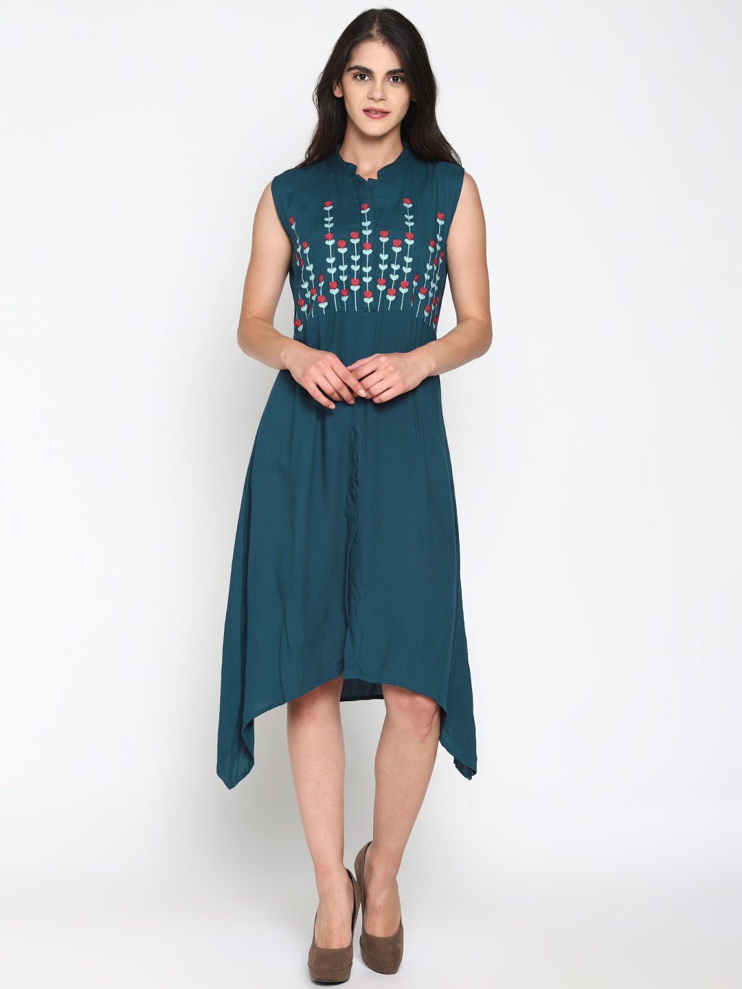 Blue Embroidered Front Open Shirt Dress | Untung