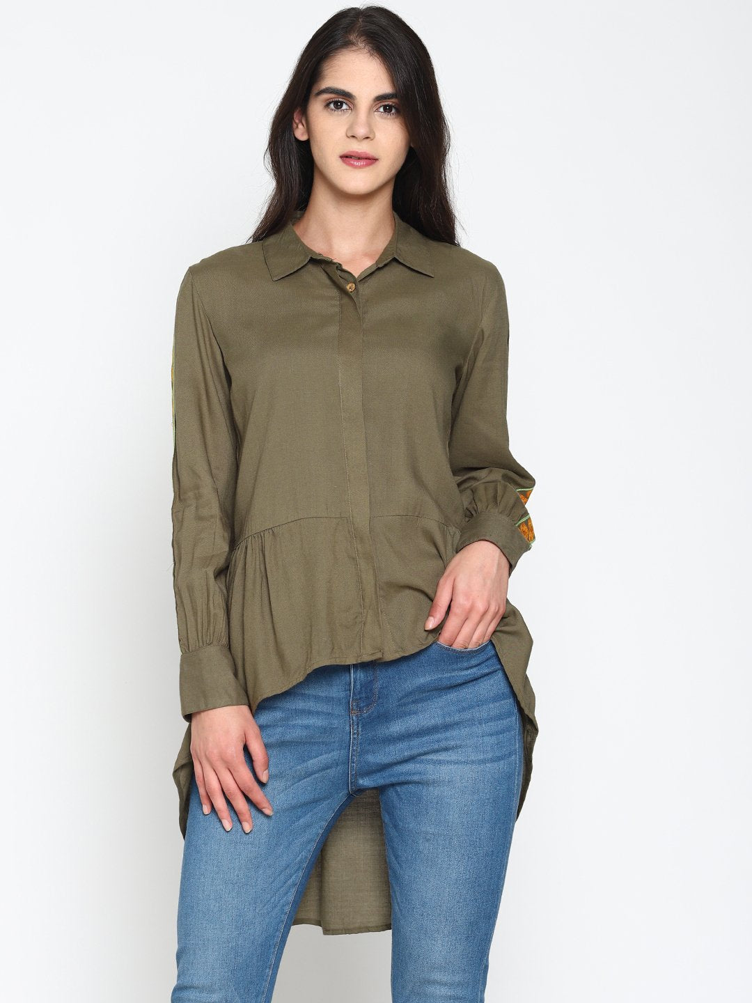Olive Green High Low Shirt With Emroidered Sleeves | Untung