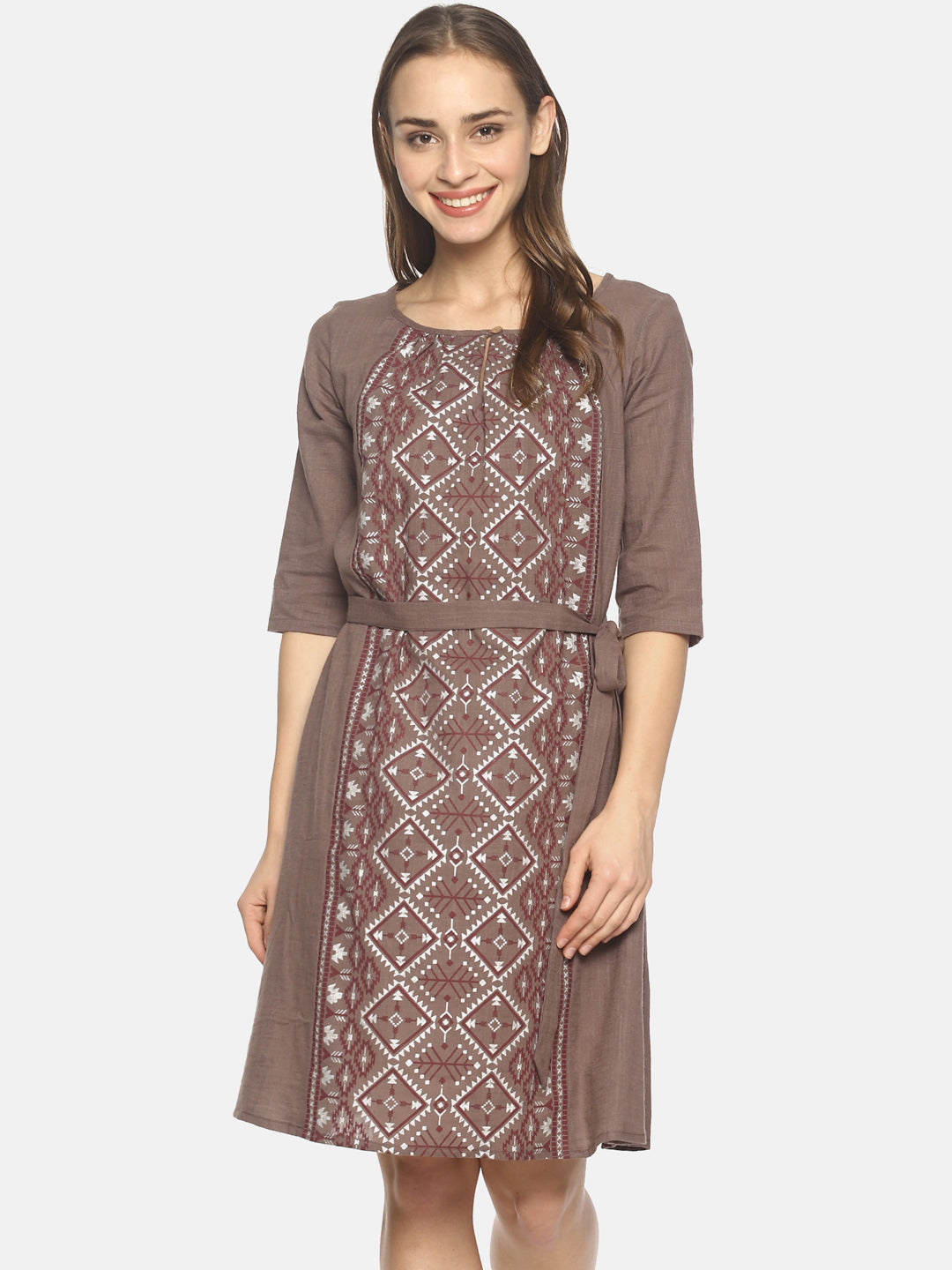 Grey Printed Dress With Tie-up Belt | Untung