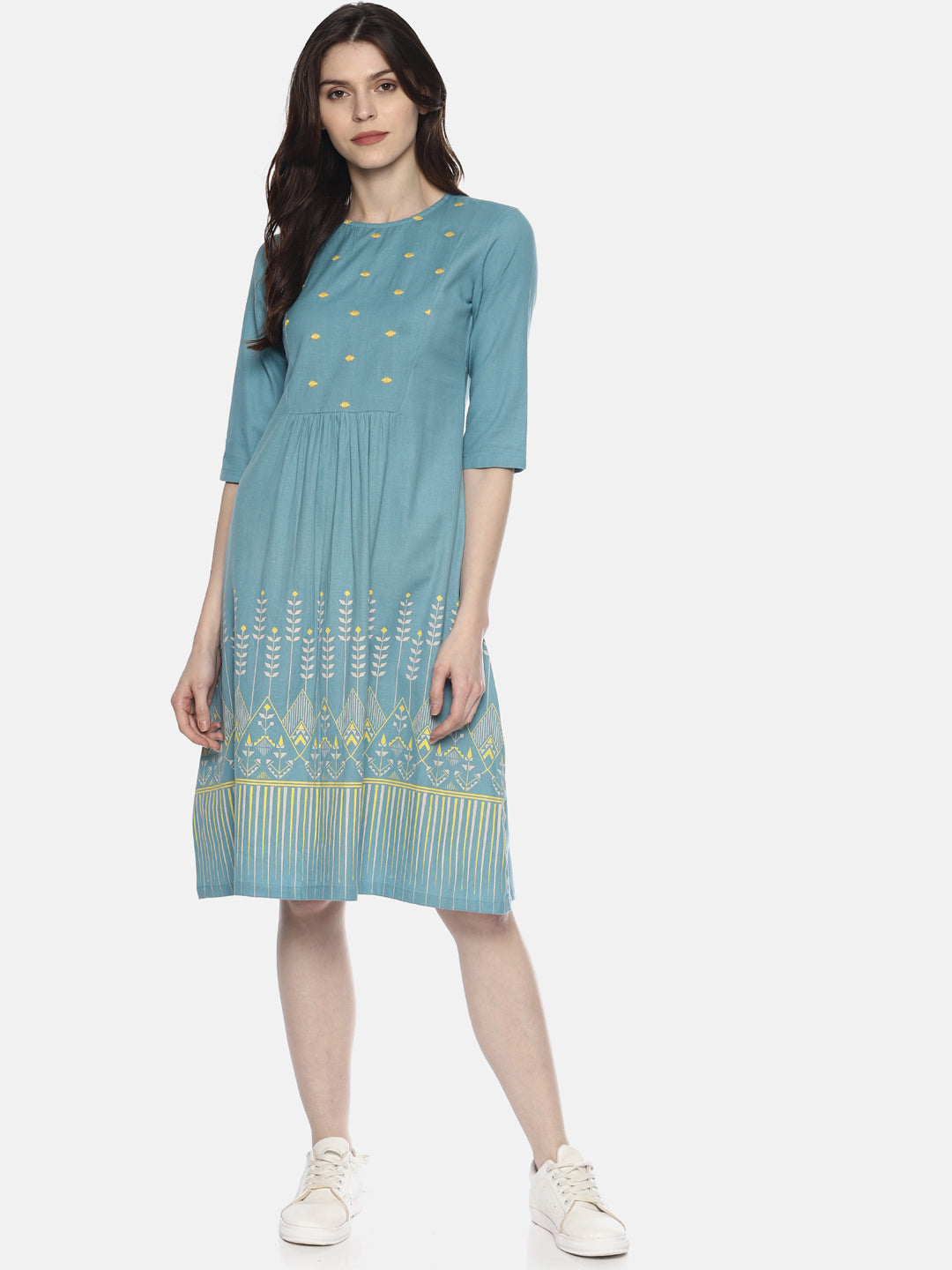 Light Blue Embroidered Dress With Border Print | Untung