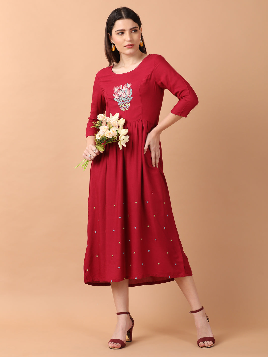 Maroon Gathered Dress With Embroidered Yoke