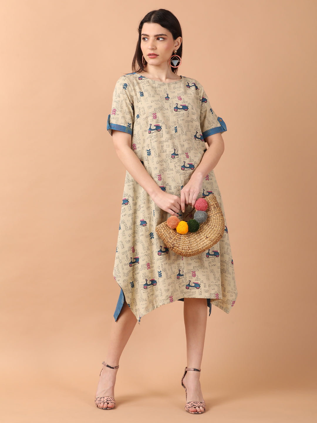 Scooter Motif Printed a Line Wrap Dress