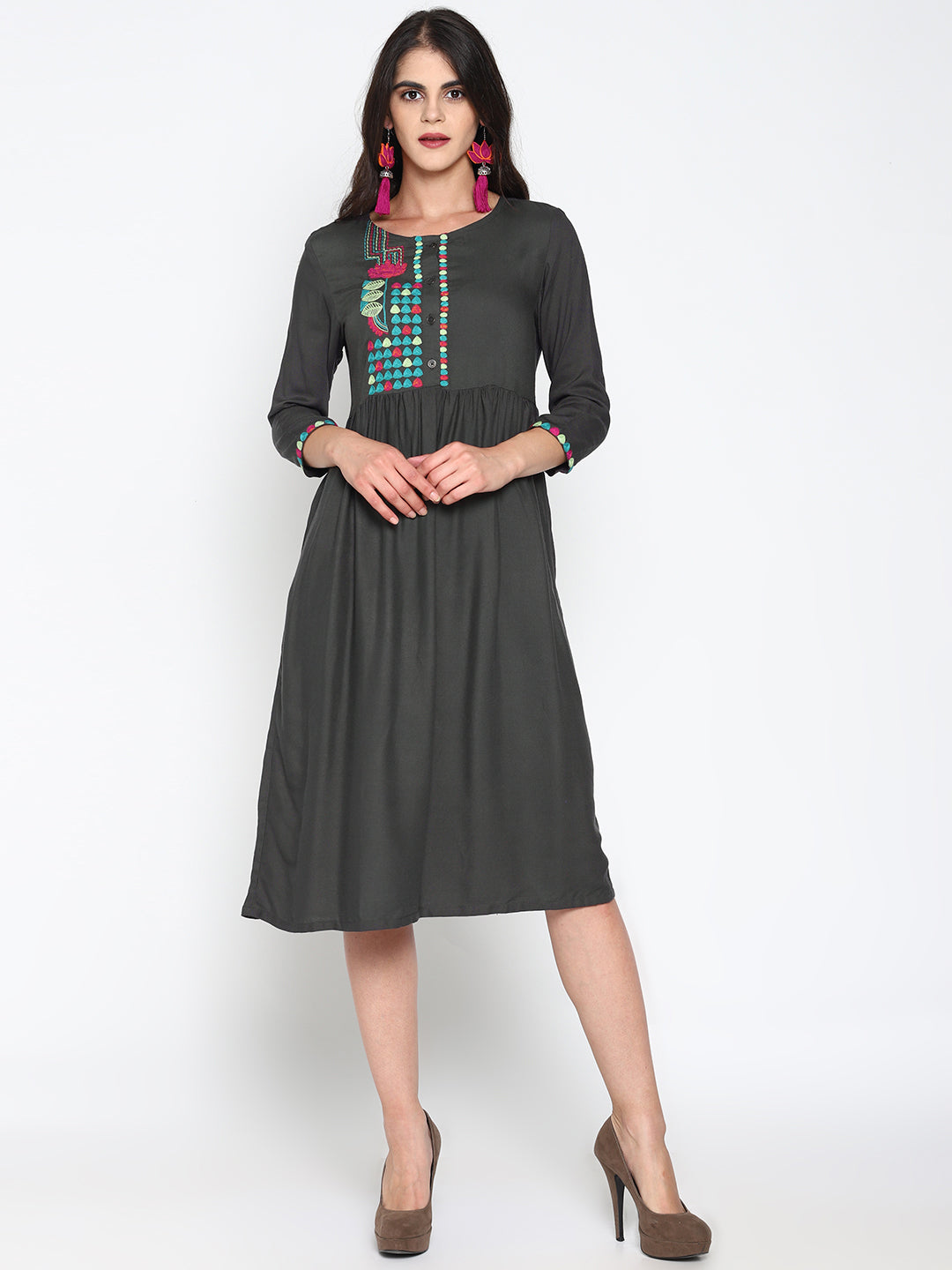 Grey Embroidered Front Open Dress | Untung