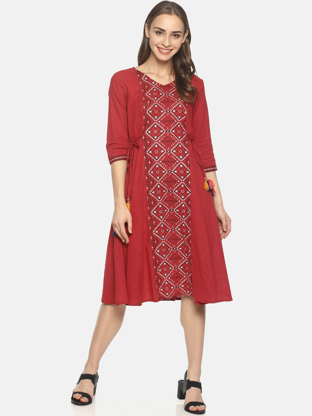 Red Printed A-line Dress With Waist Tie-up | Untung