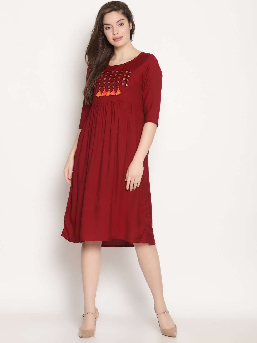 Maroon Embroidered Shift Dress | Untung