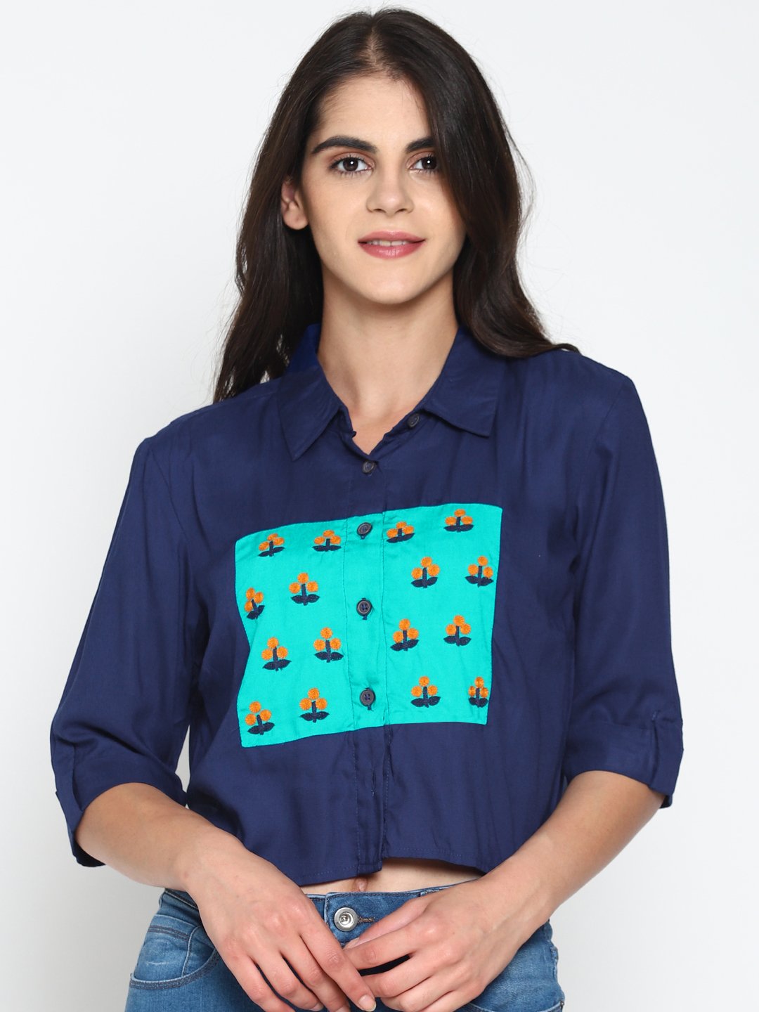 Navy Bluecolor Block Crop Top With Embroidery | Untung