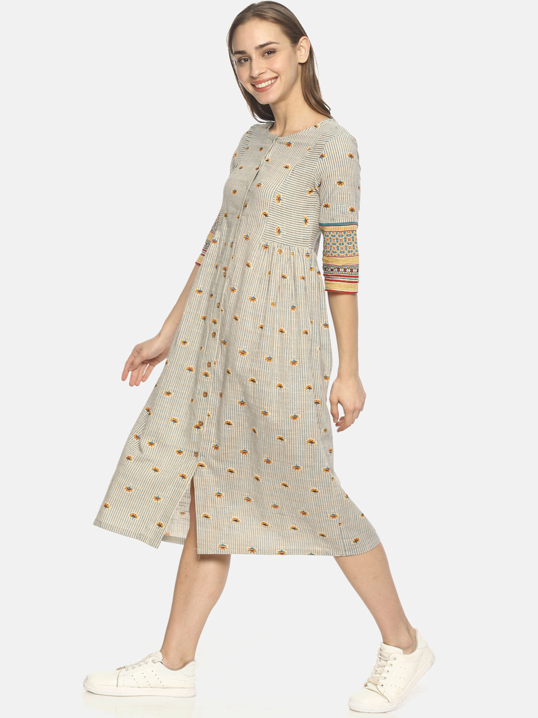 Off White Block Printed Front Open Dress | Untung