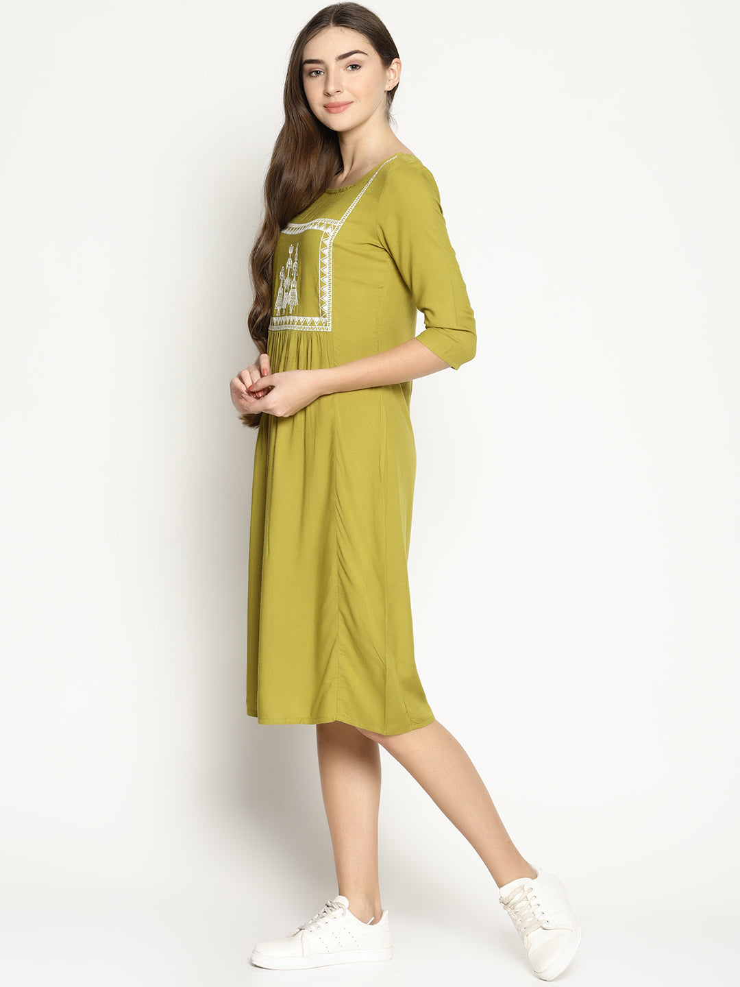 Khaki Shift Dress With Embroidery | Untung