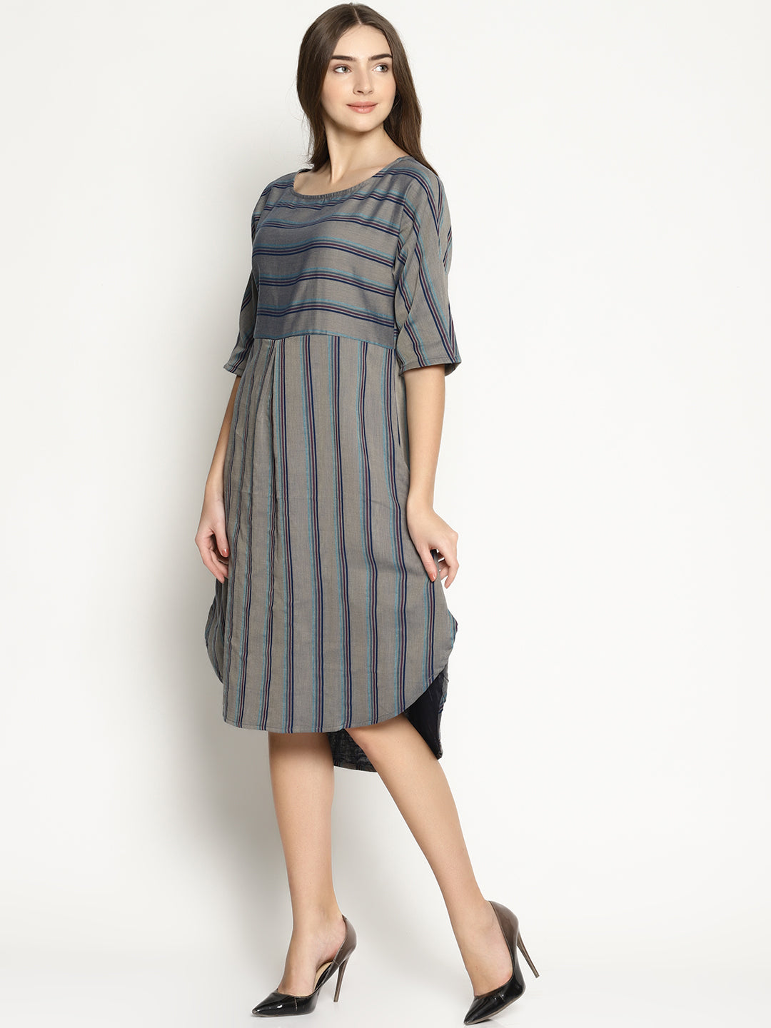 Grey Striped Dress With Curved Hemline | Untung