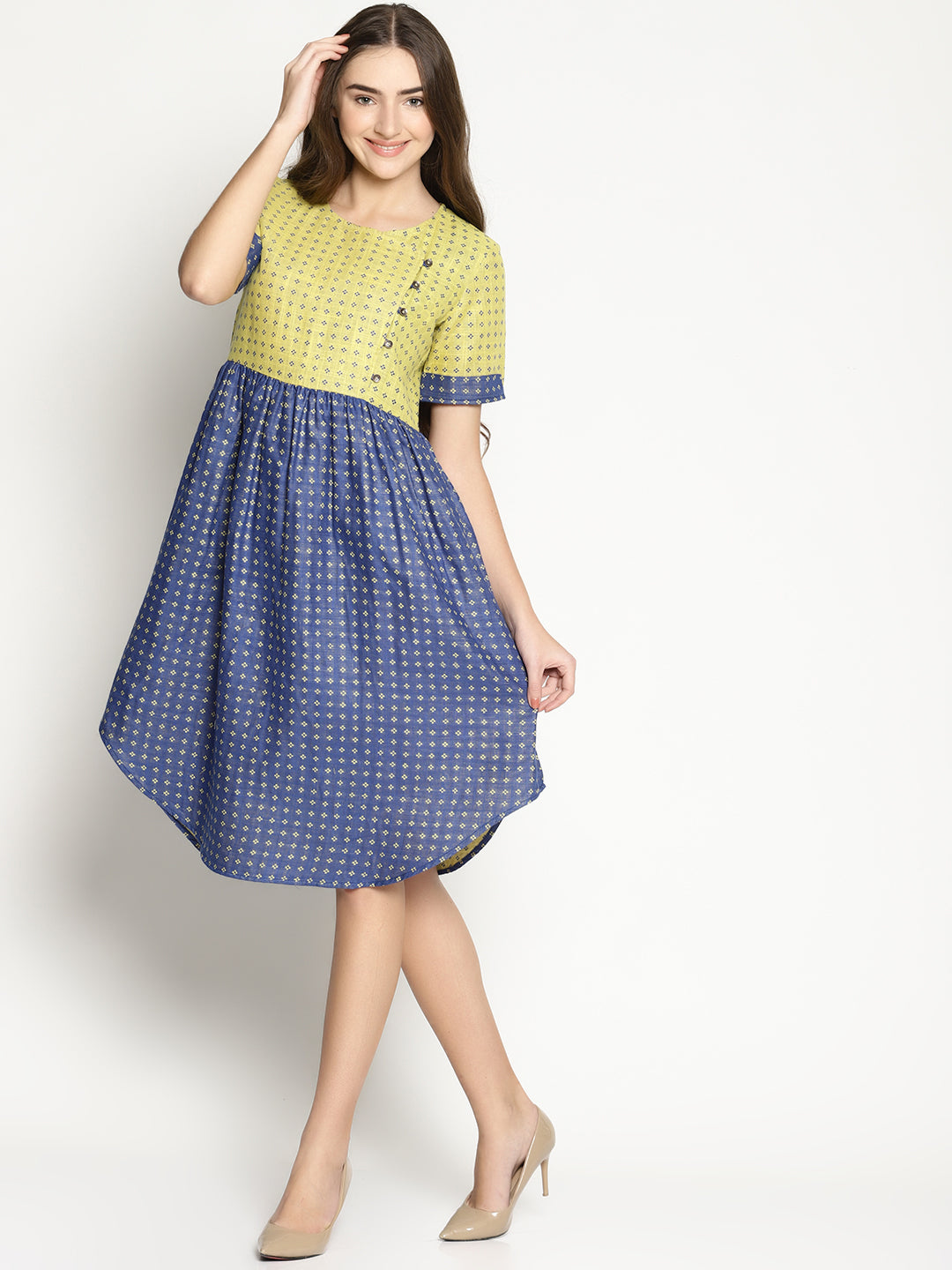 Blue Dobby Shift Dress With Curved Hem | Untung