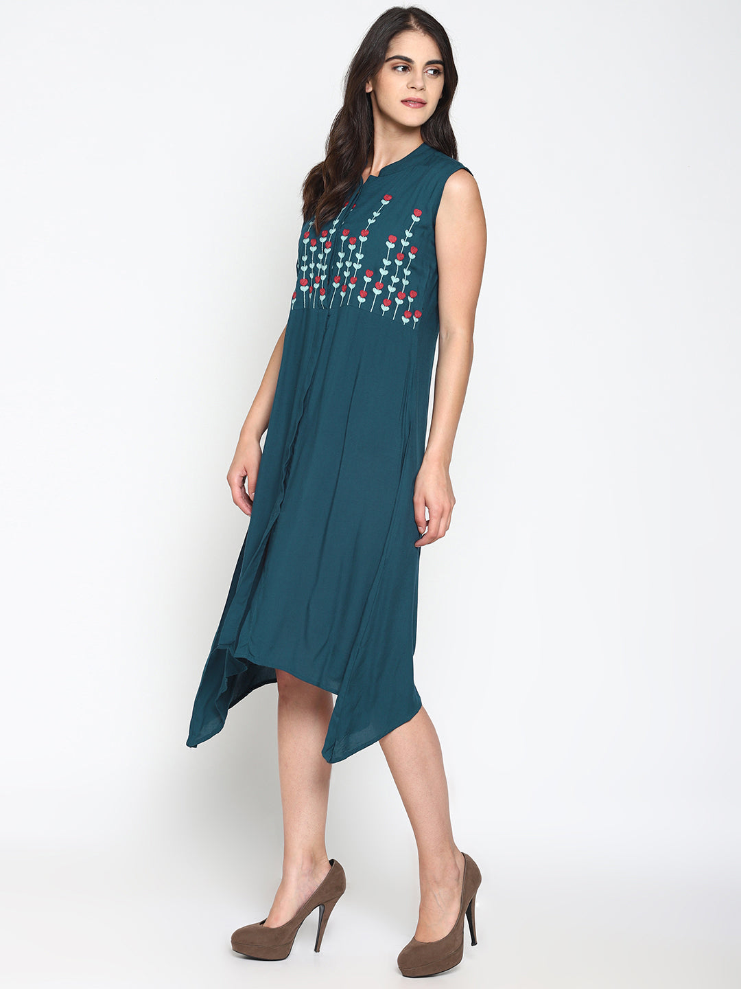 Blue Embroidered Front Open Shirt Dress | Untung