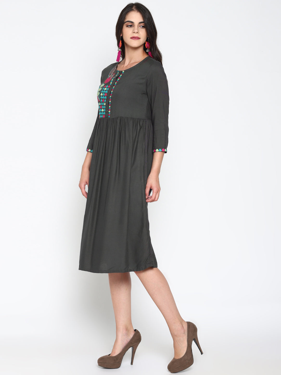 Grey Embroidered Front Open Dress | Untung