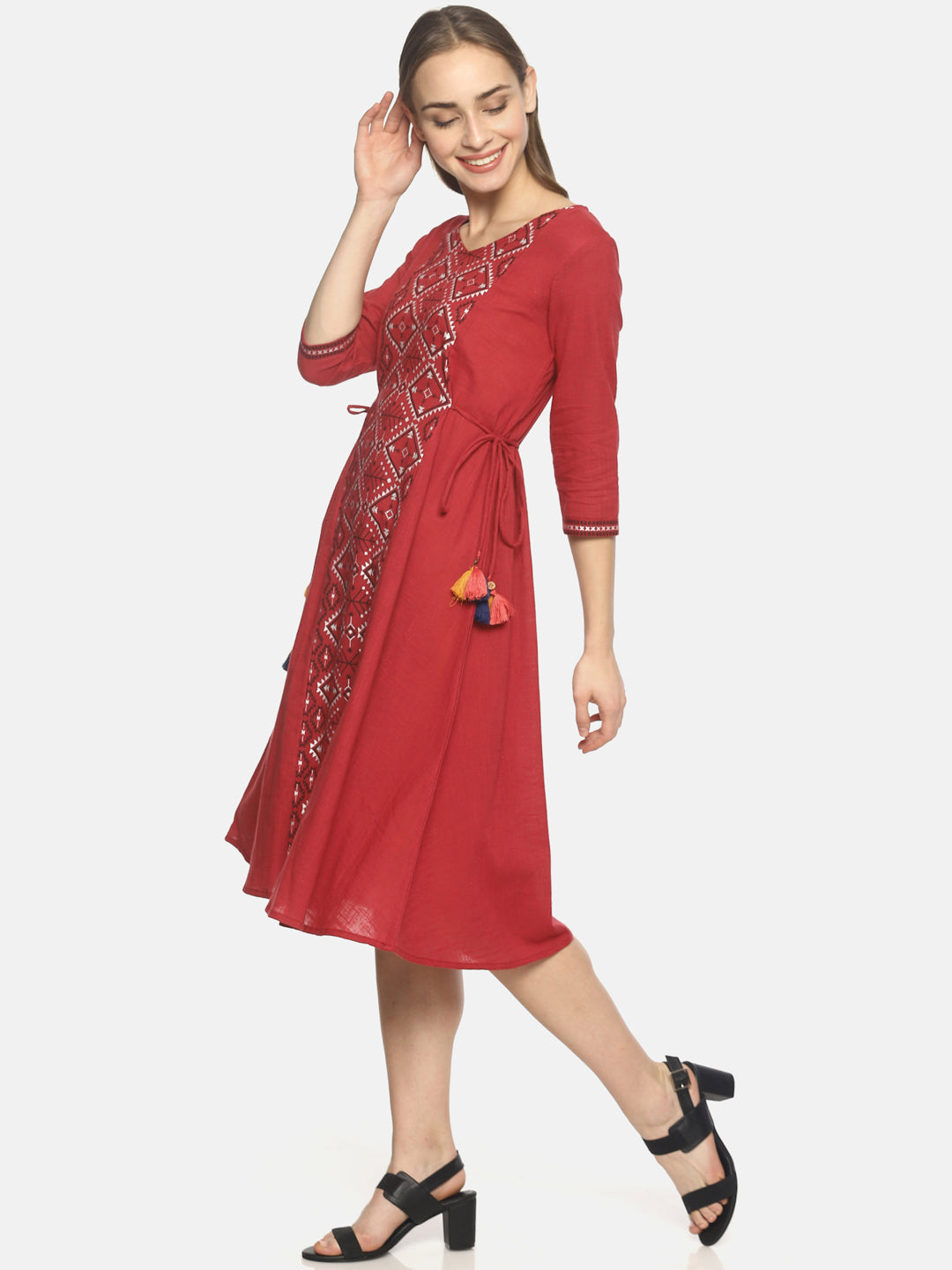 Red Printed A-line Dress With Waist Tie-up | Untung