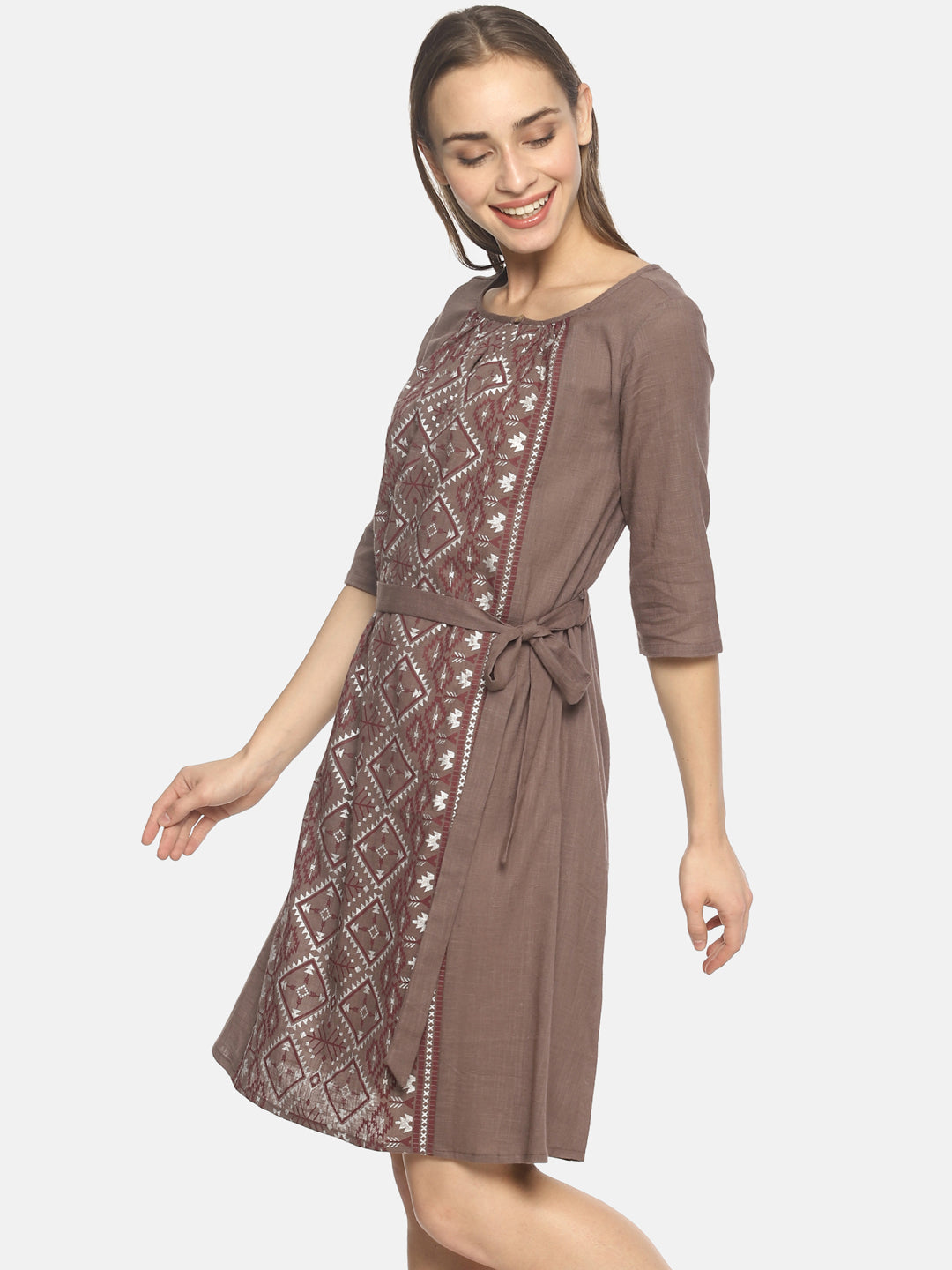 Grey Printed Dress With Tie-up Belt | Untung