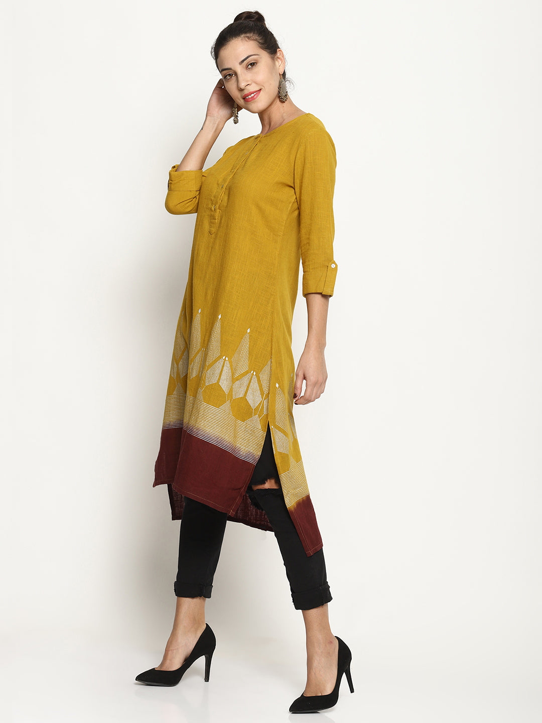 Yellow Dip Dye Kurta With Khadi Print | Untung