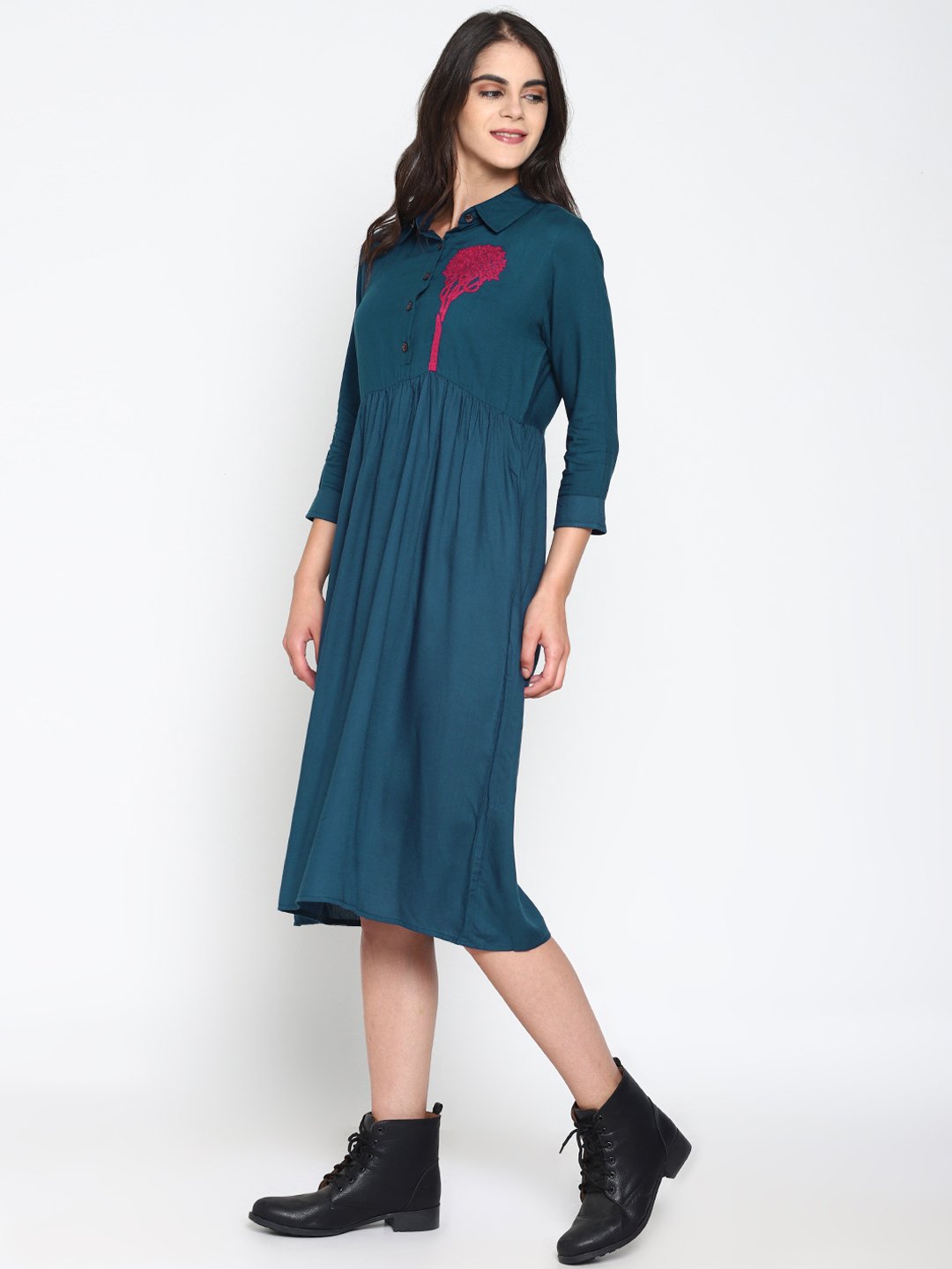 Blue Shirt Dress With Embroidered Tree Motif | Untung