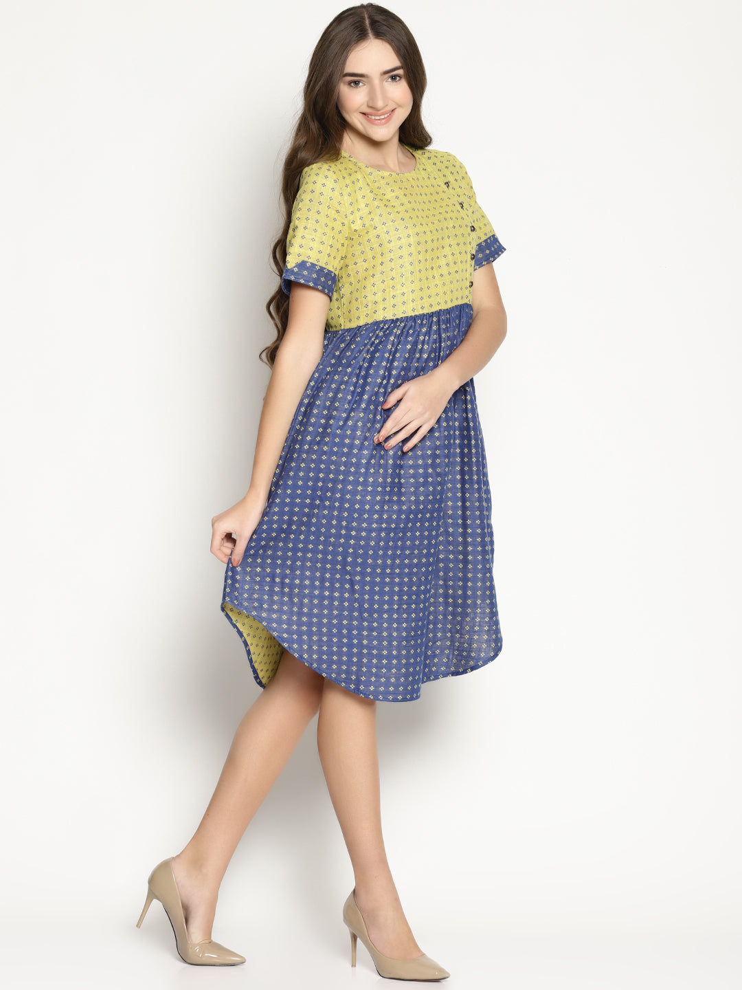 Blue Dobby Shift Dress With Curved Hem | Untung