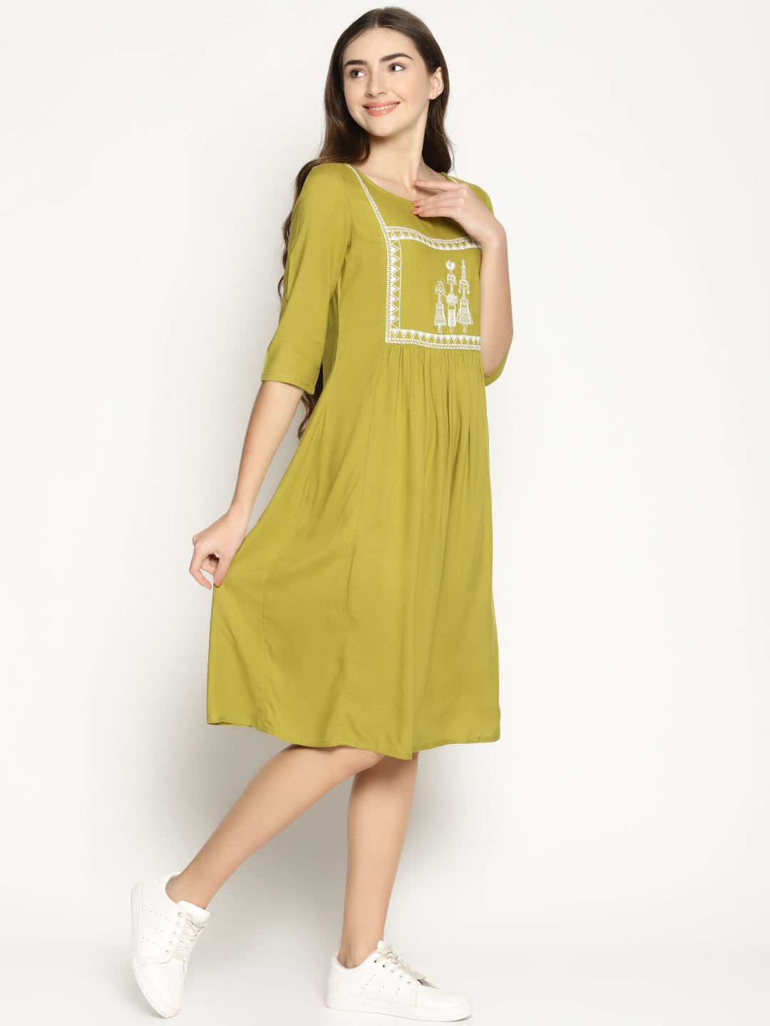 Khaki Shift Dress With Embroidery | Untung