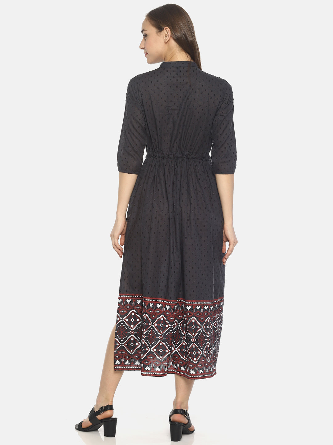 Grey Front Open Dress With Printed Hem | Untung