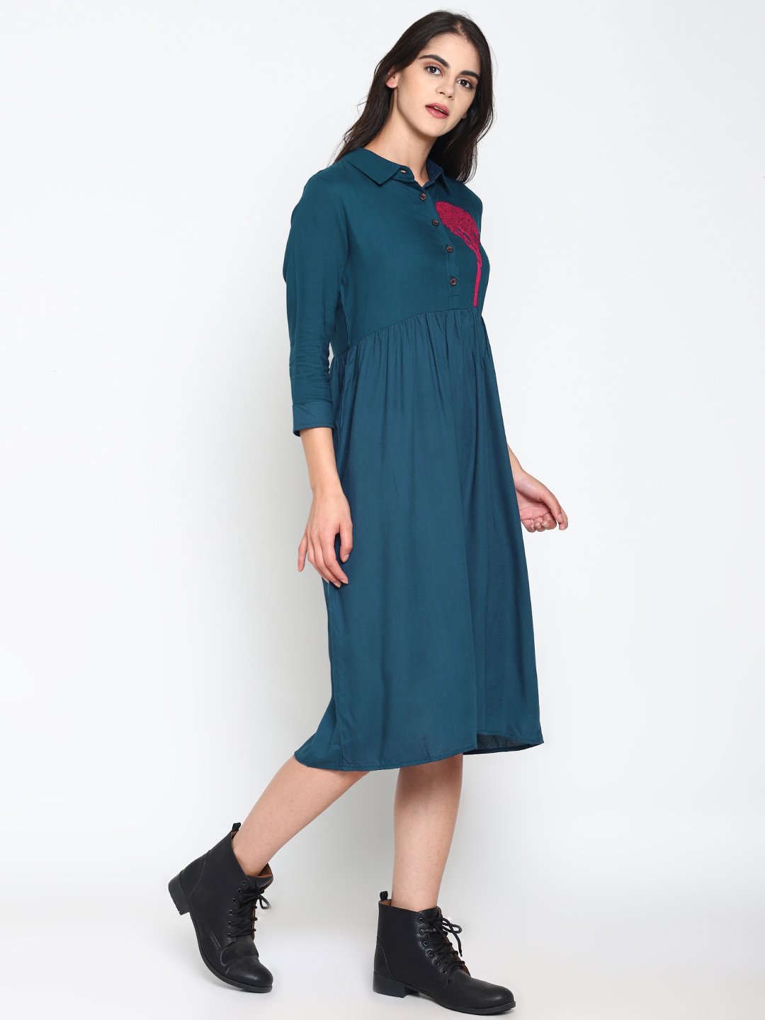Blue Shirt Dress With Embroidered Tree Motif | Untung