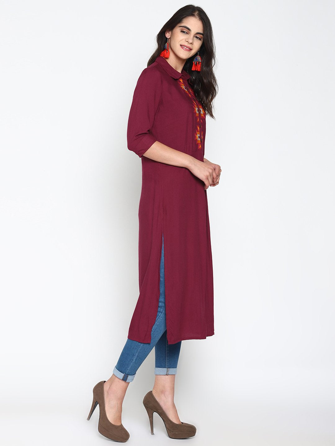 Maroon Embroidered Shirt Kurta | Untung