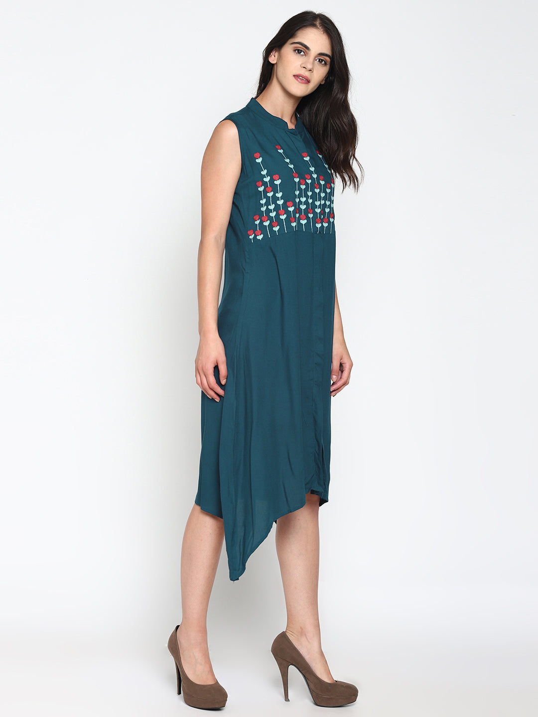 Blue Embroidered Front Open Shirt Dress | Untung