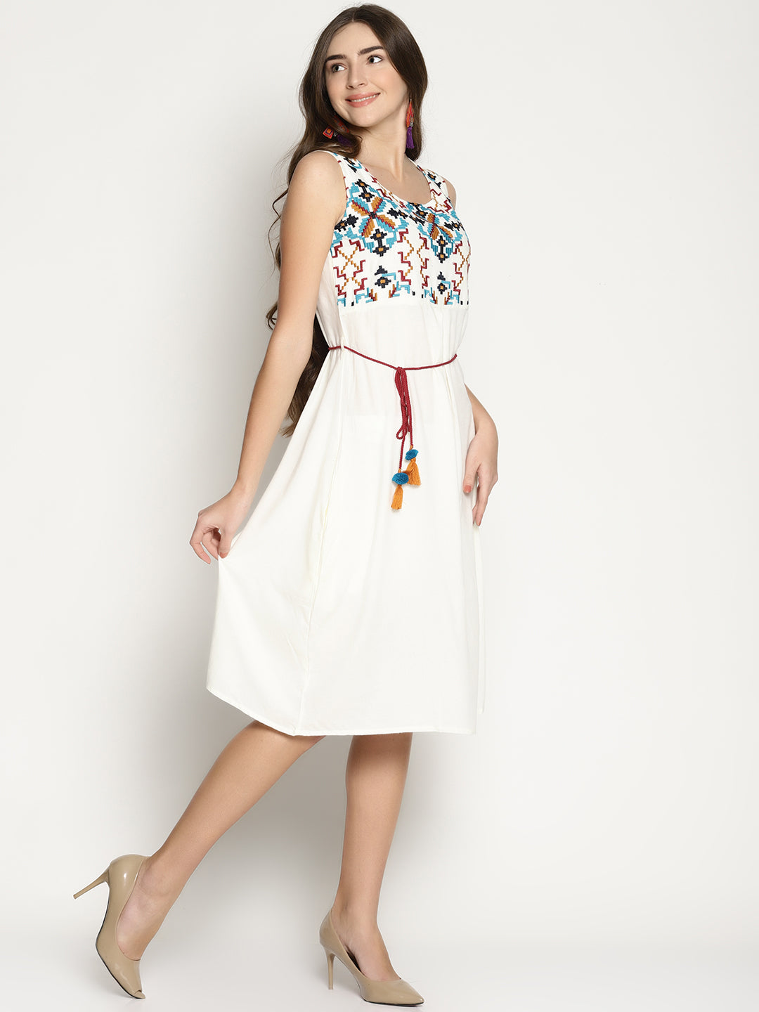 White Embroidered Dress With Tie Ups | Untung