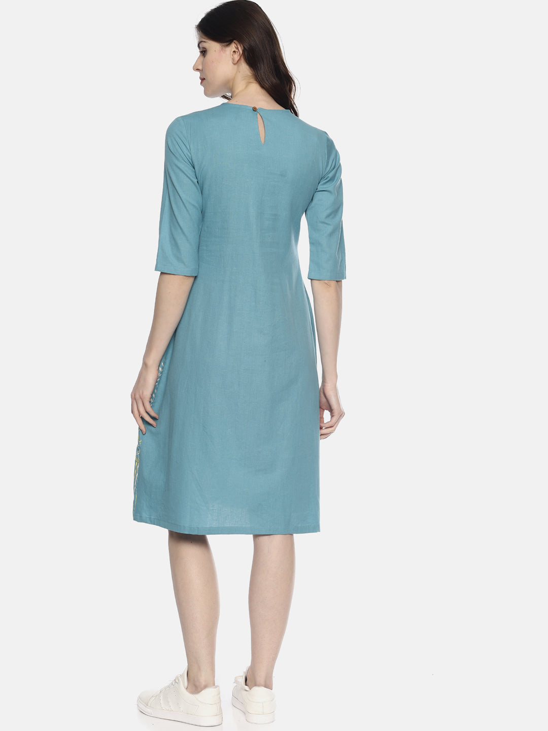 Light Blue Embroidered Dress With Border Print | Untung