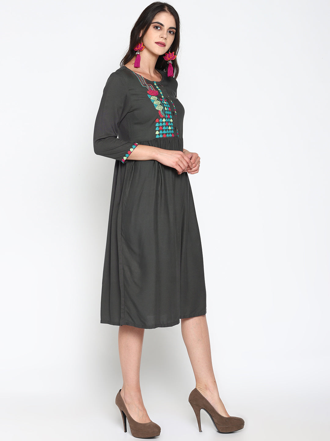 Grey Embroidered Front Open Dress | Untung