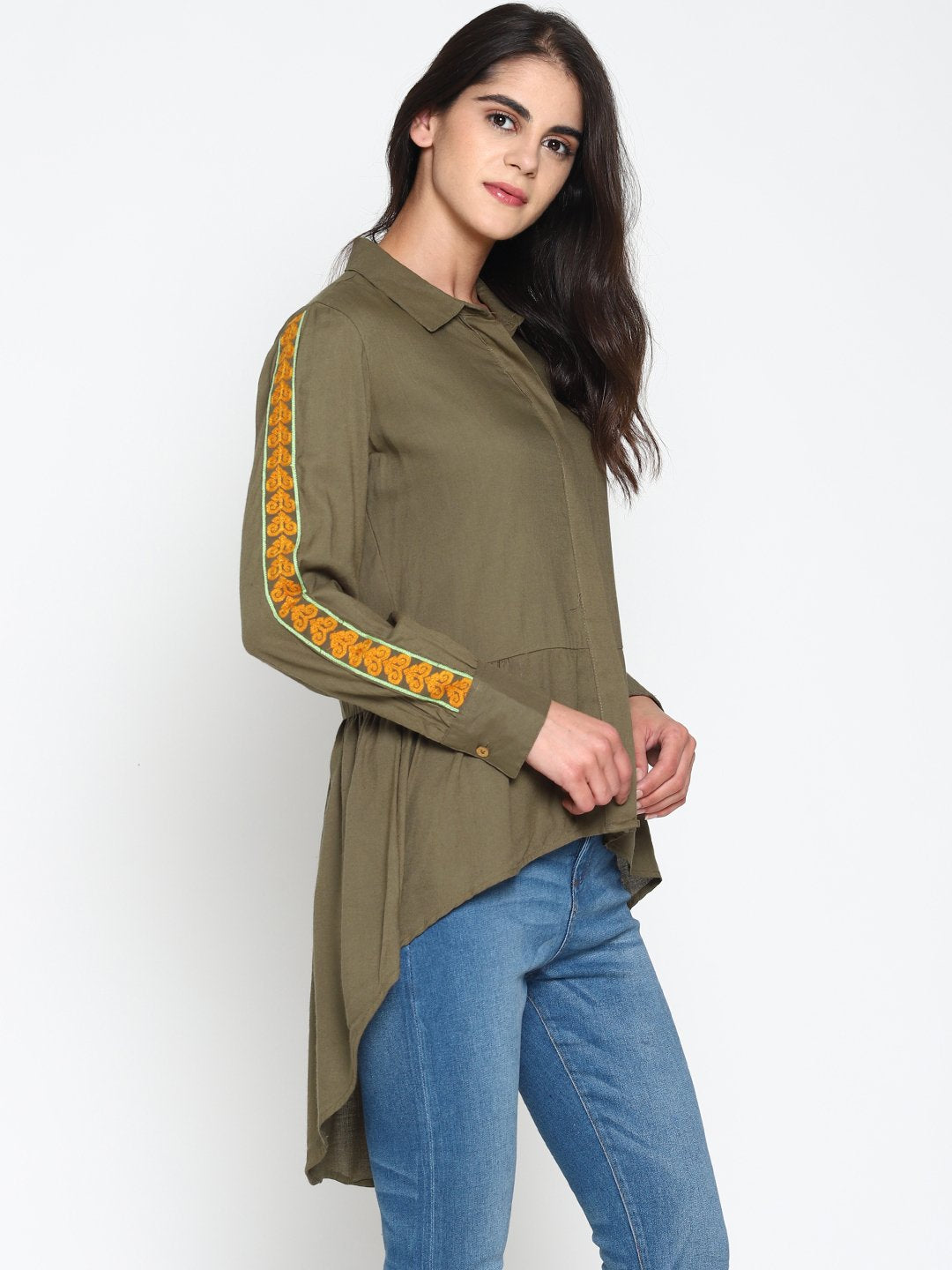 Olive Green High Low Shirt With Emroidered Sleeves | Untung