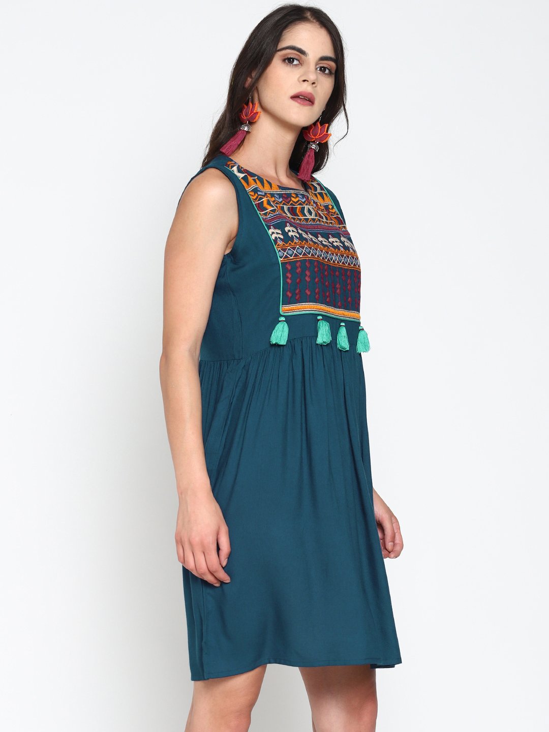Teal Skater Dress With Embroidered Yoke | Untung