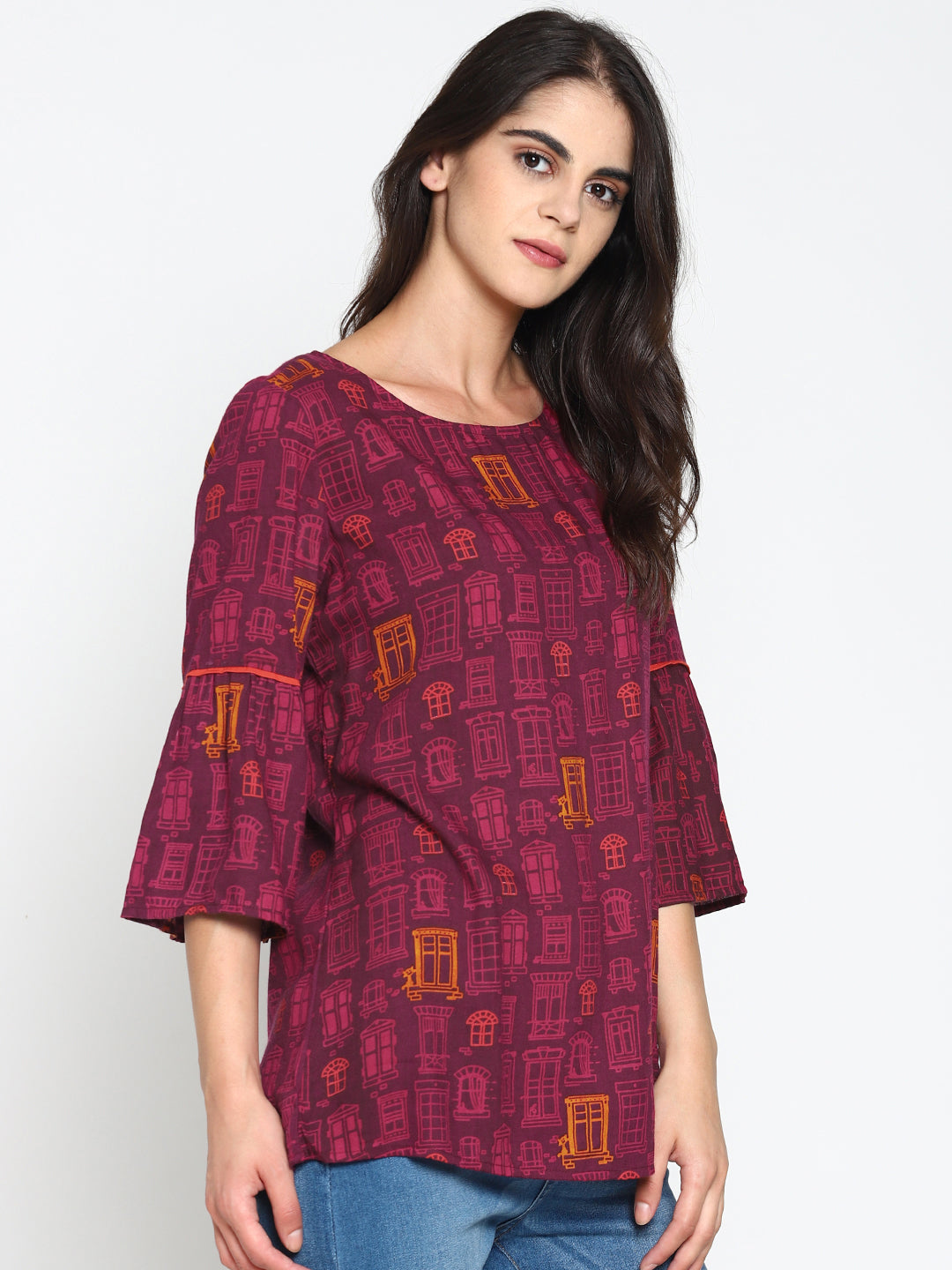 Wine Printed Top With Ruffled Sleeves | Untung
