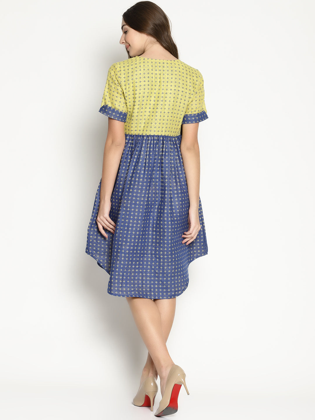 Blue Dobby Shift Dress With Curved Hem | Untung