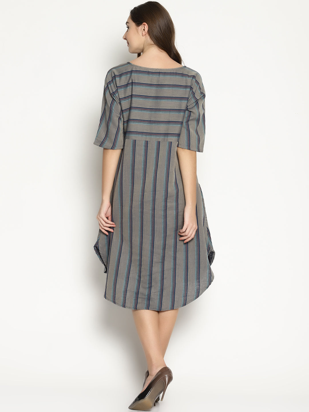 Grey Striped Dress With Curved Hemline | Untung