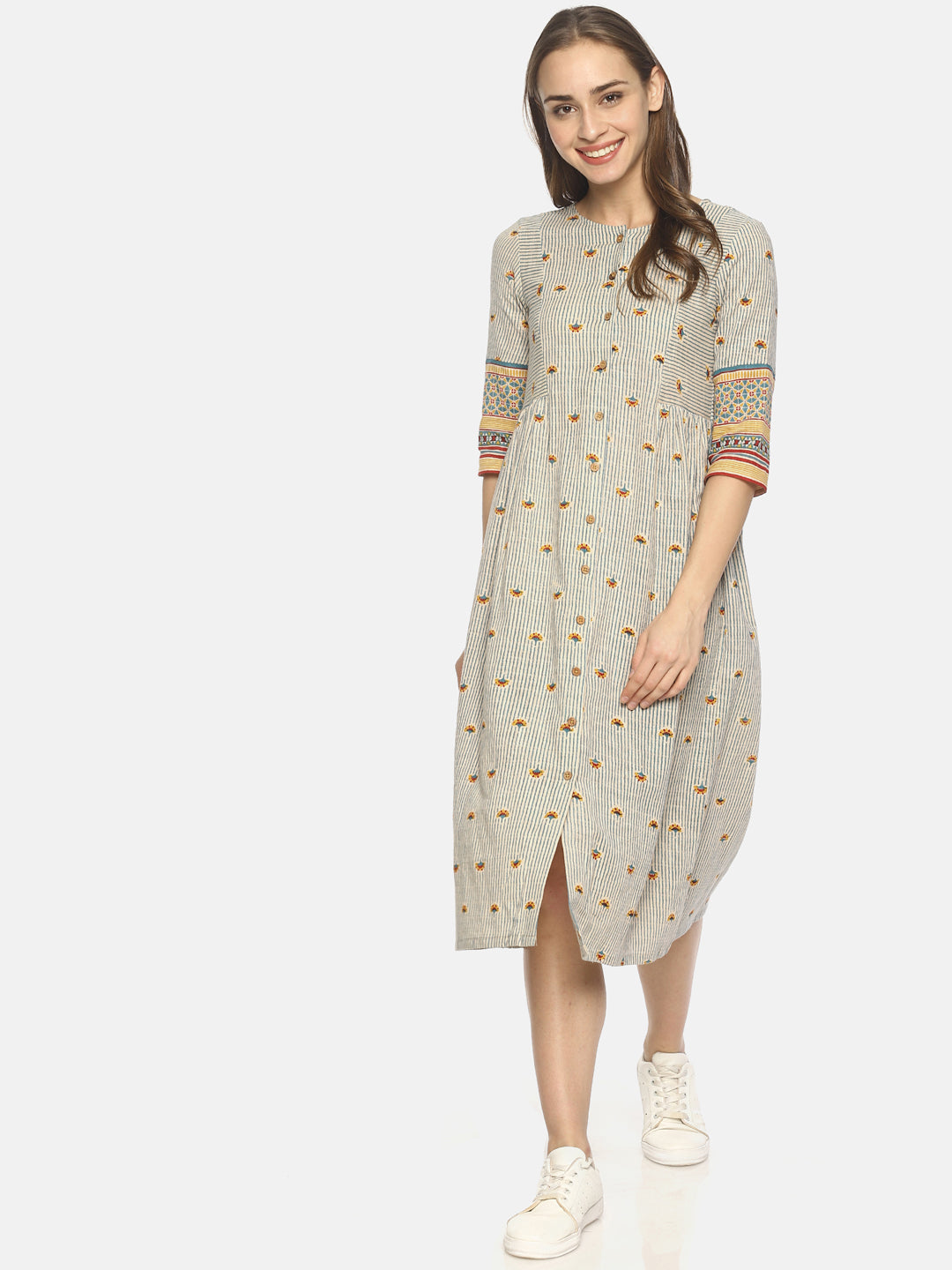 Off White Block Printed Front Open Dress | Untung
