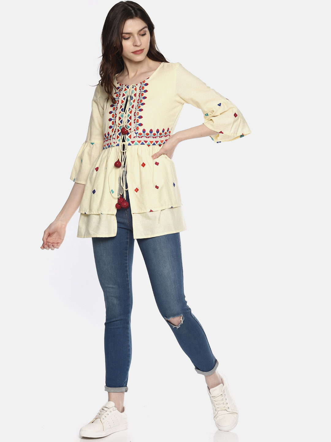 Off White Organic Cotton Shrug With Embroidery | Untung
