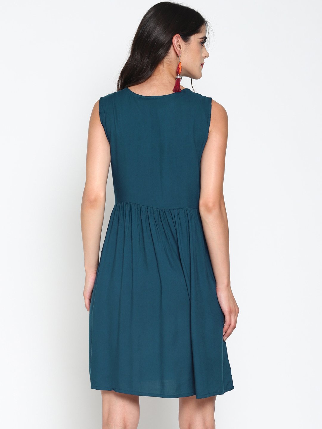 Teal Skater Dress With Embroidered Yoke | Untung