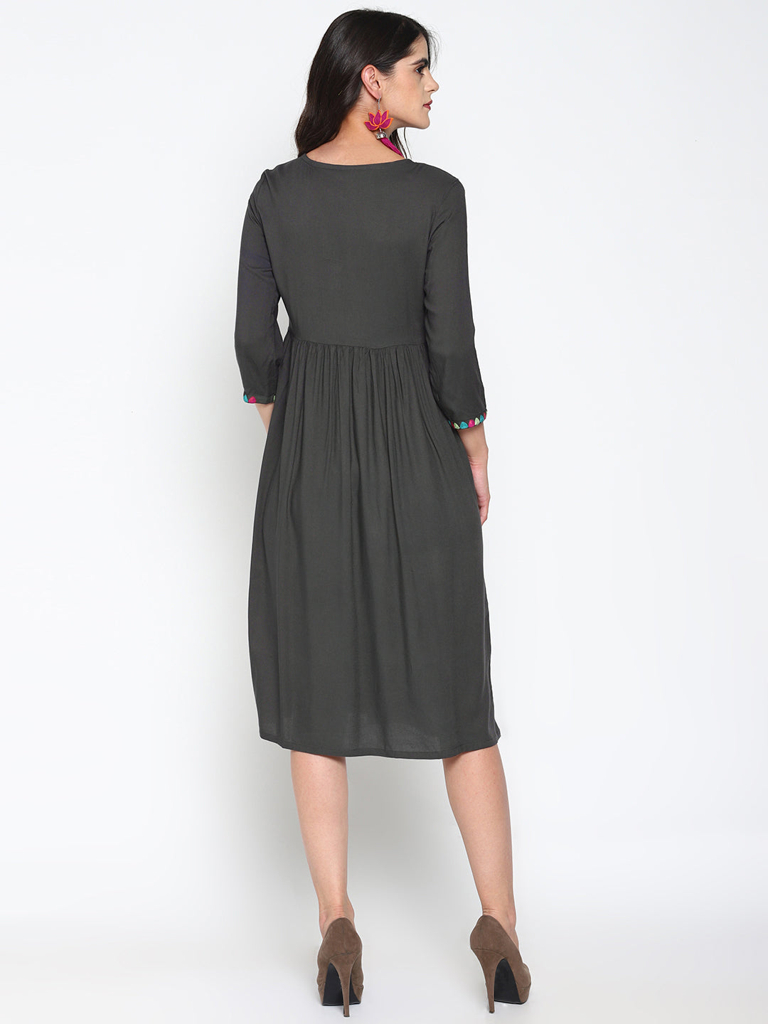 Grey Embroidered Front Open Dress | Untung