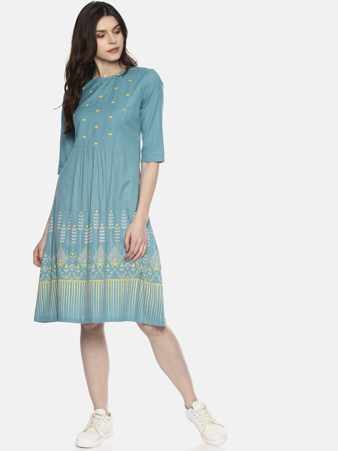 Light Blue Embroidered Dress With Border Print | Untung
