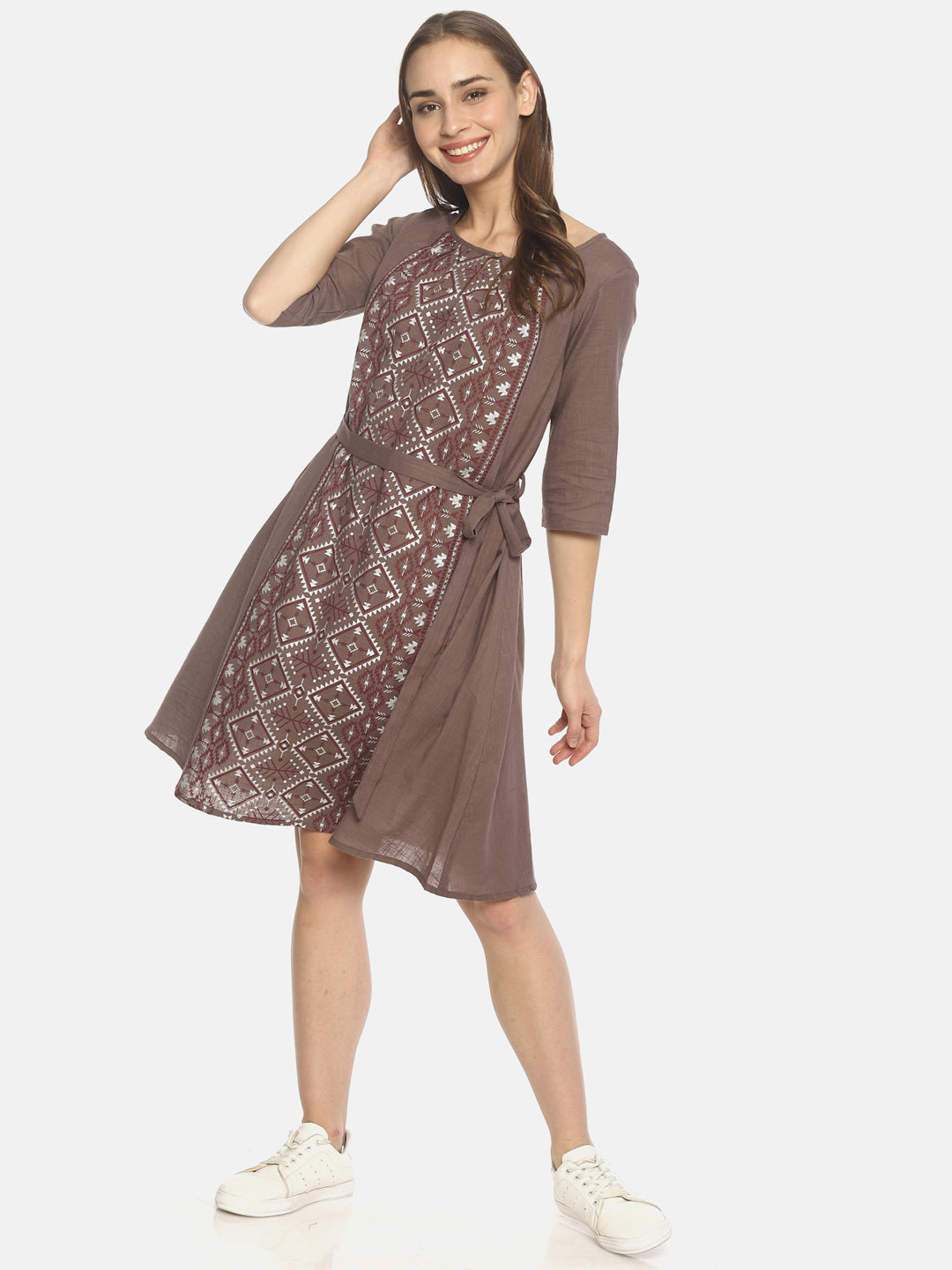 Grey Printed Dress With Tie-up Belt | Untung