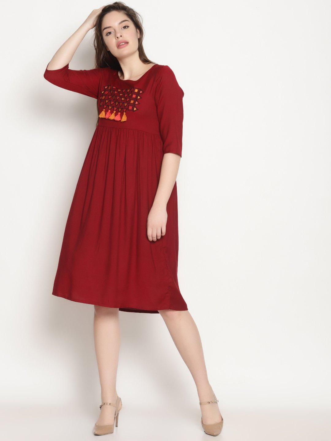 Maroon Embroidered Shift Dress | Untung