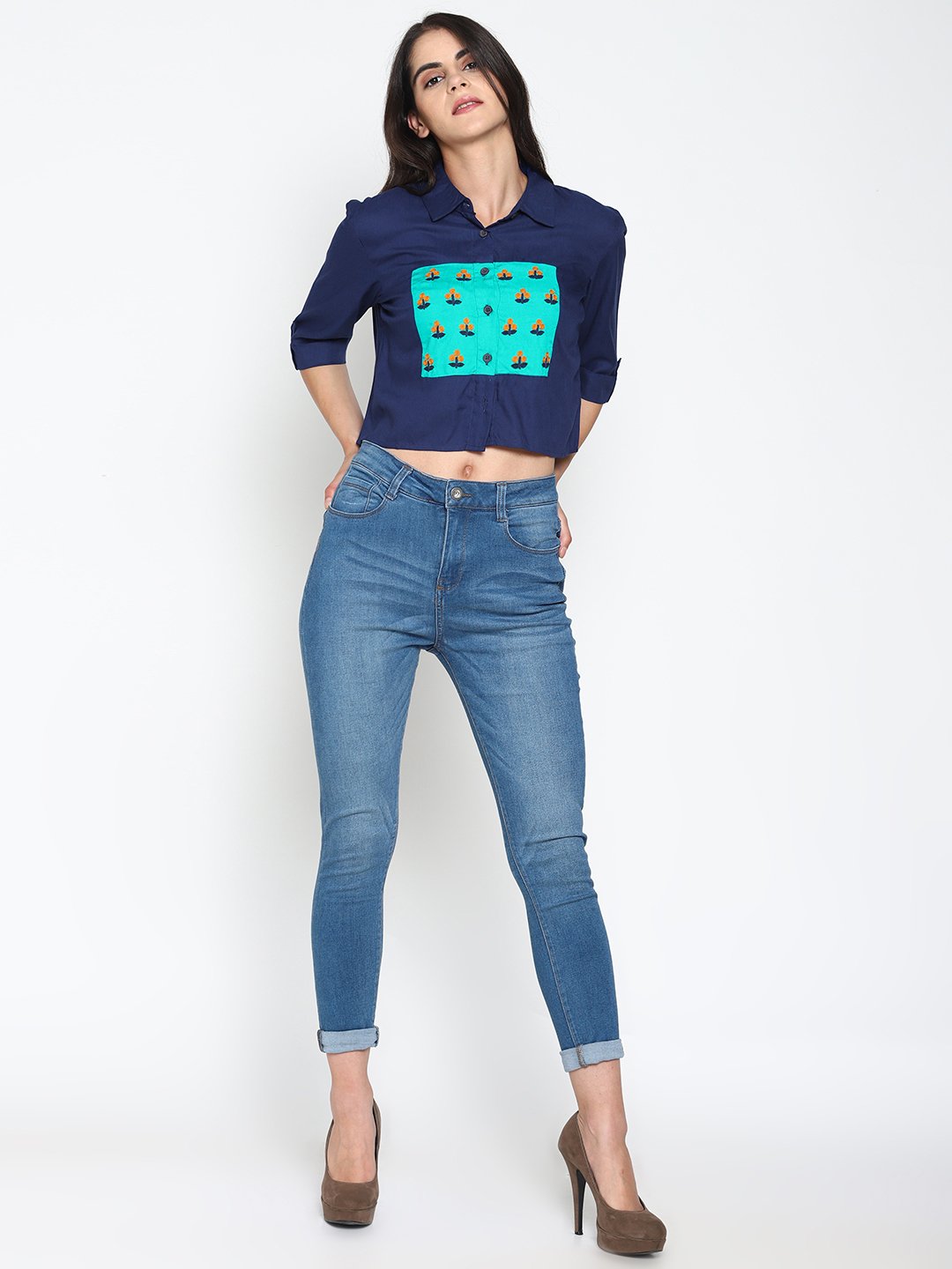 Navy Bluecolor Block Crop Top With Embroidery | Untung