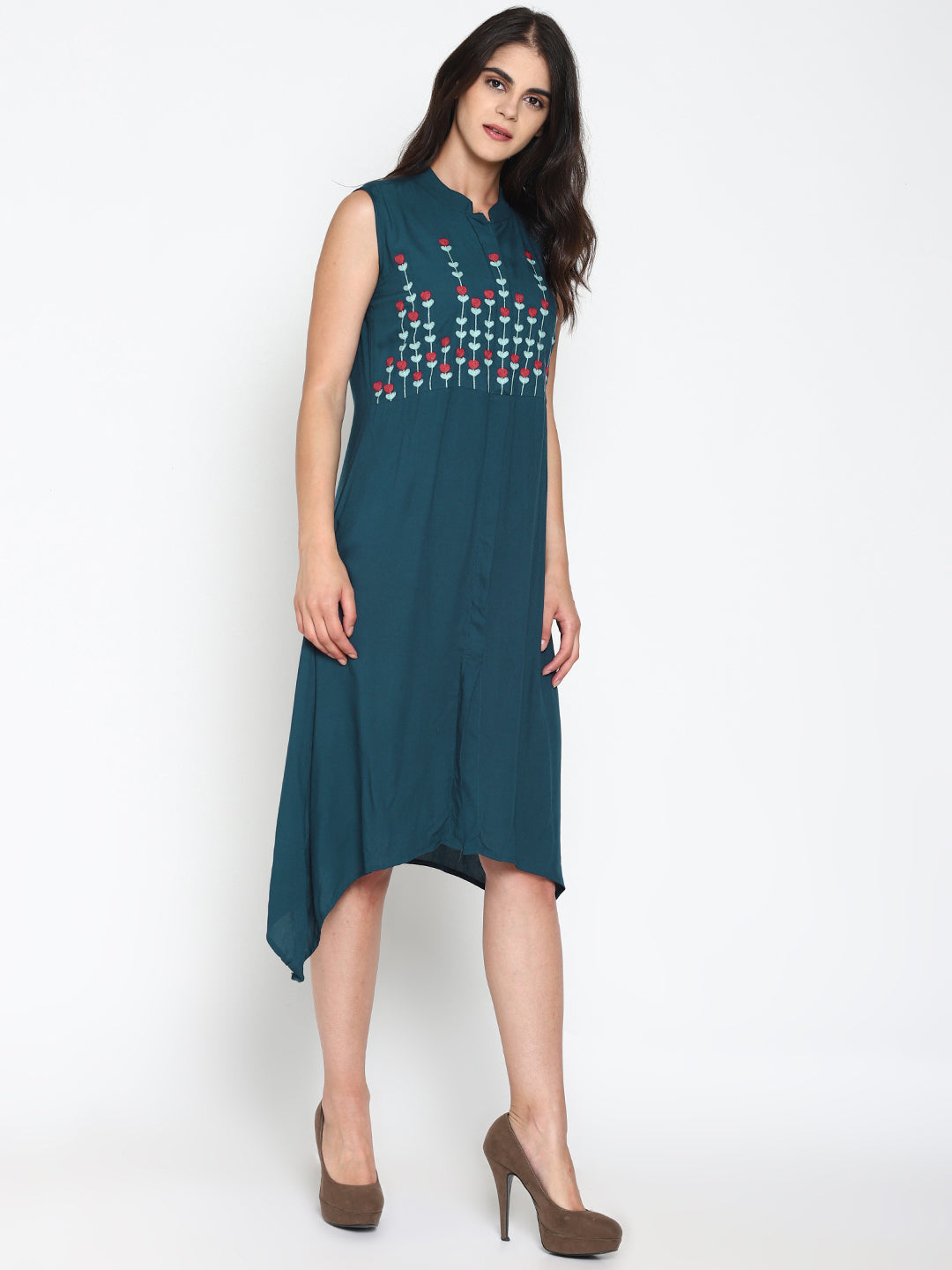 Blue Embroidered Front Open Shirt Dress | Untung