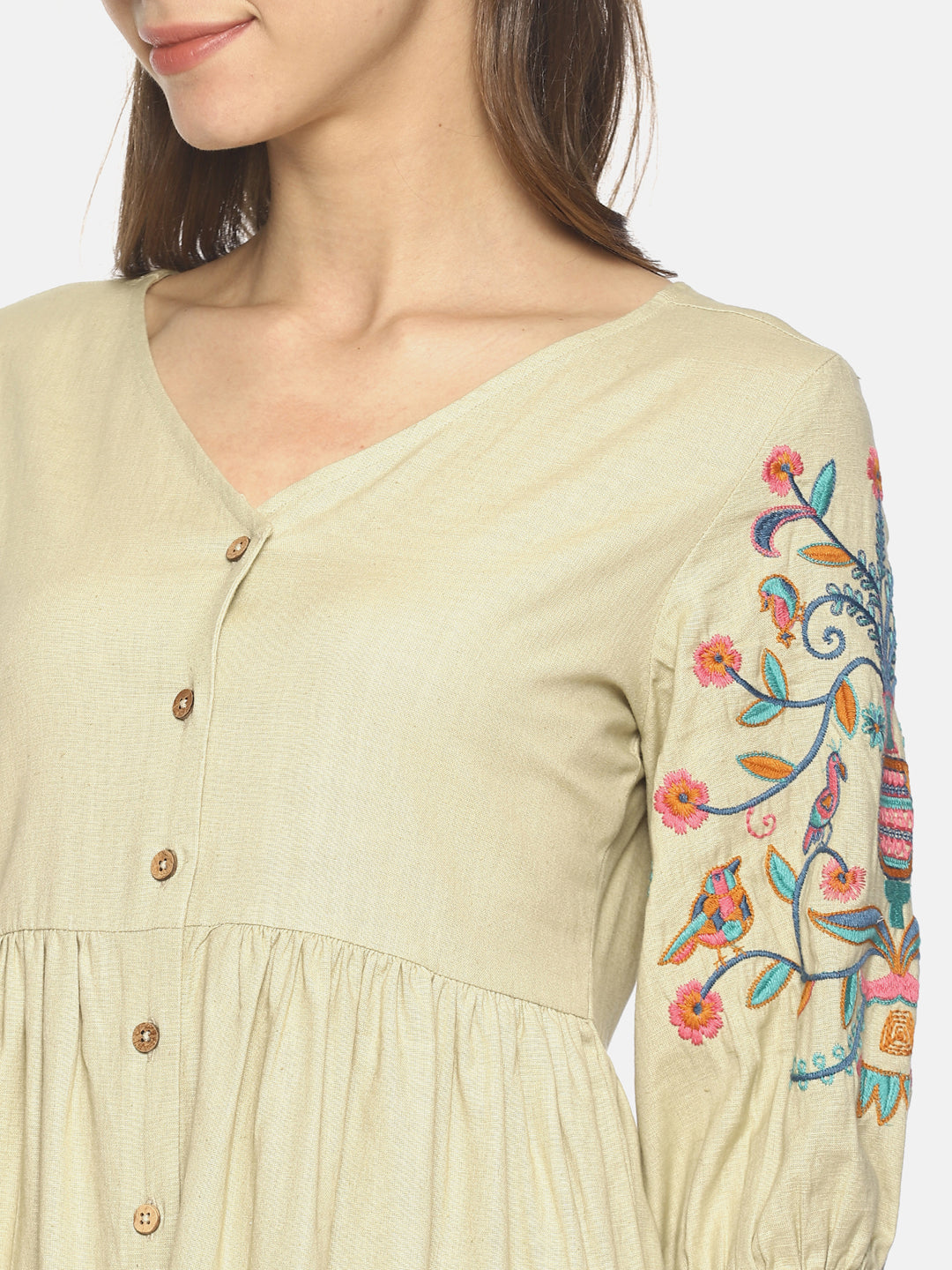 Beige Front Open Gathered Dress With Embroidered Sleeves | Untung