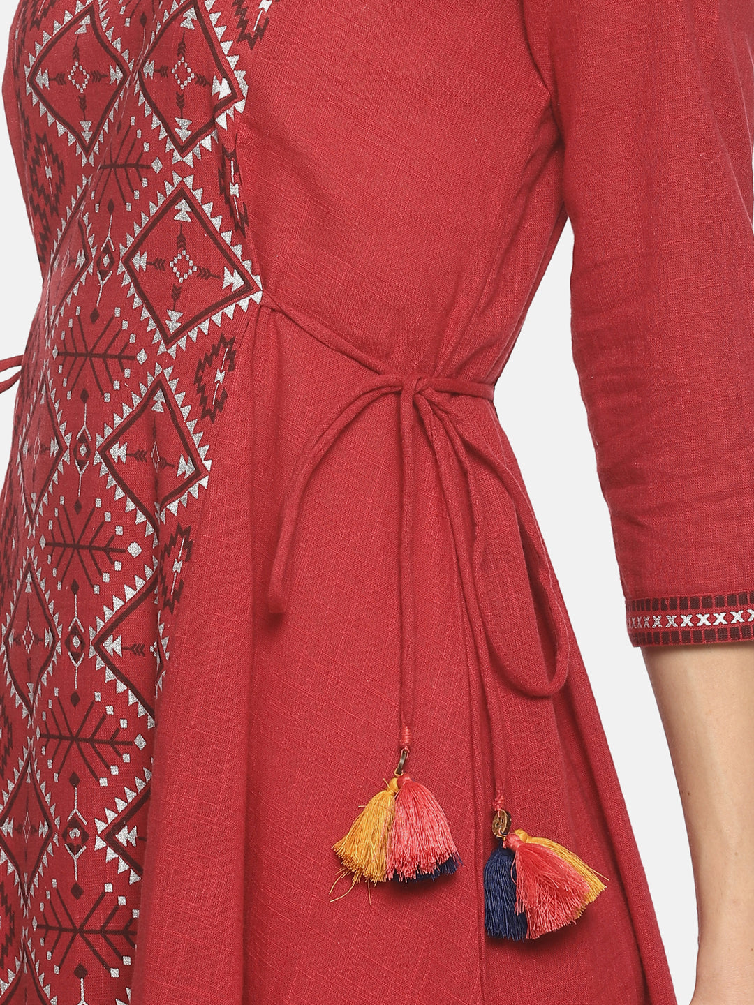 Red Printed A-line Dress With Waist Tie-up | Untung